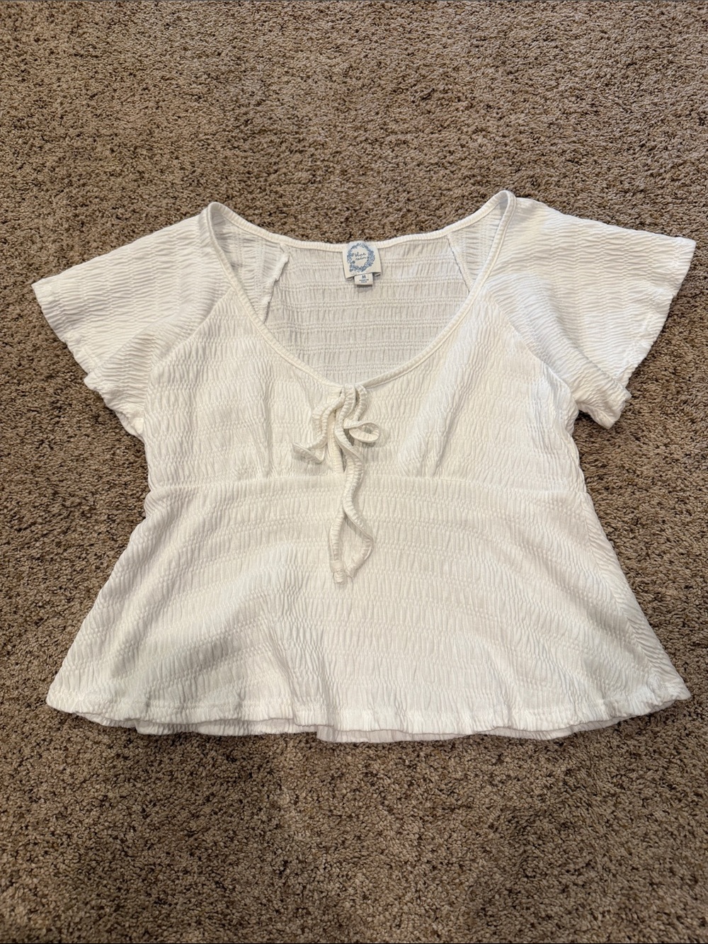Blue Rain White Textured Tie-Front Short Sleeve Top